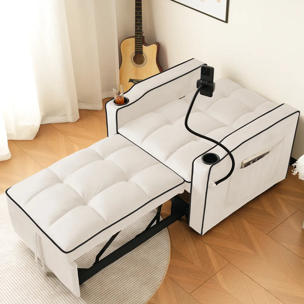 Chauffeuse Convertible Velours Beige avec Support Smartphone MODFU