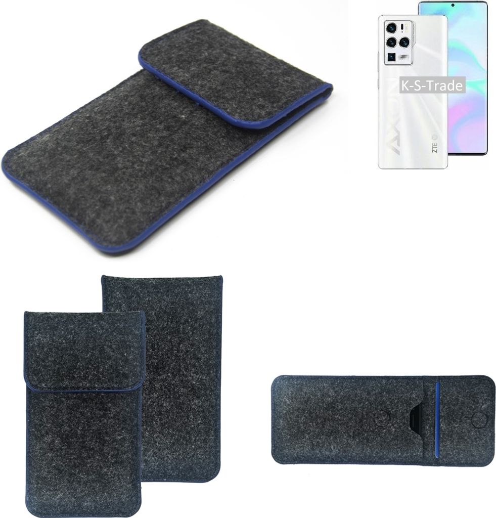 K-S-Trade Handy-Hülle Schutz-Hülle kompatibel mit ZTE Axon 30 Ultra Filztasche Pouch Tasche Case Sleeve Filzhülle dunkelgrau, blauer Rand