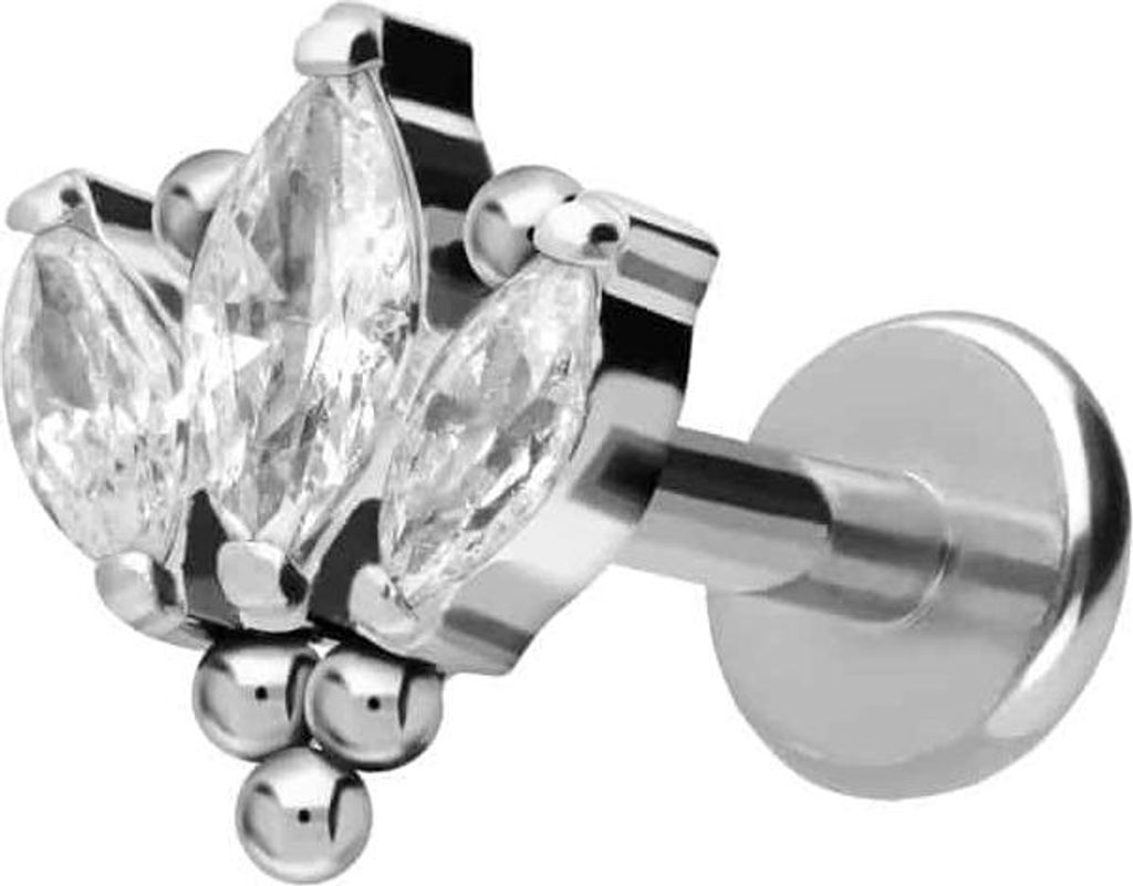 Ohrpiercing, Nasenpiercing Titan Labret mit Push Fit LOTUSBLÜTE + KUGELN Silber Stablänge: 7mm | Stabstärke: 1,2mm