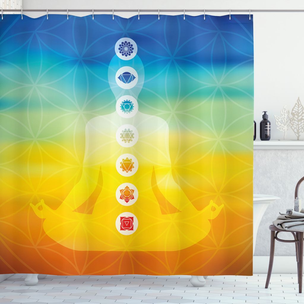 ABAKUHAUS Chakra Duschvorhang, Körper Silhouette in Lotus, Waserdichter Stoff mit 12 Haken Set Dekorativer Farbfest Bakterie Resistet, 175 x 220 c...