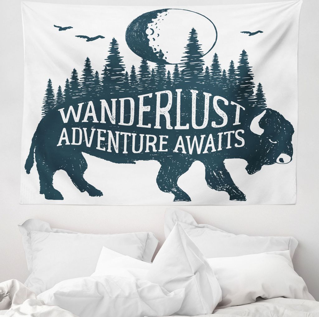 ABAKUHAUS Abenteuer Wandteppich, Buffalo Wald Mond aus Weiches Mikrofaser Stoff Waschbar ohne Verblassen Digitaldruck, 150 x 110 cm, Dunkel Petrol ...