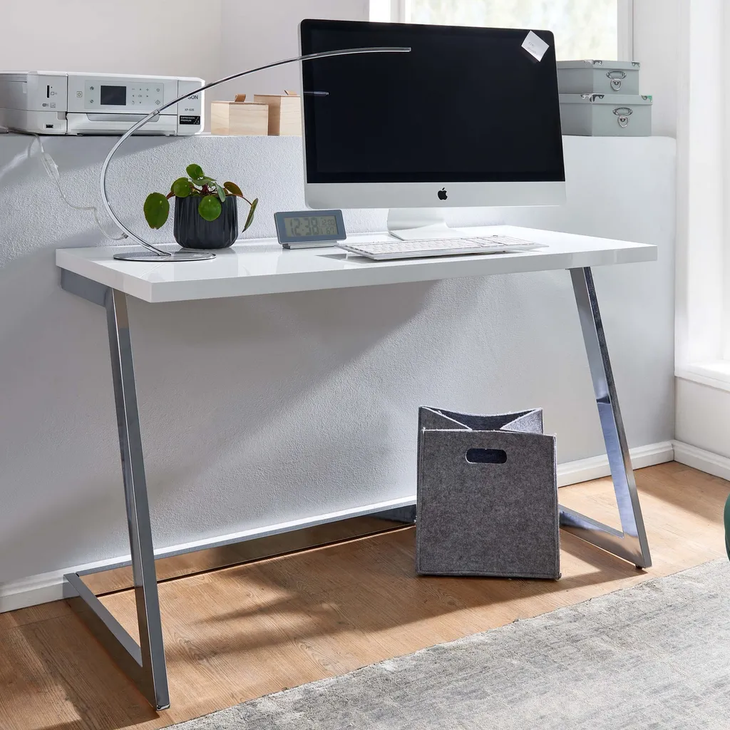 Table de Bureau Home-Office 120x55 cm Blanc et Argent pour Travail PC