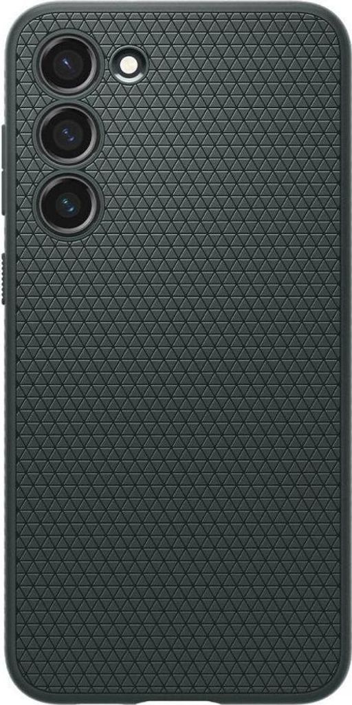 A close-up, straight-on view of the back of a dark green smartphone case with a textured triangular pattern.