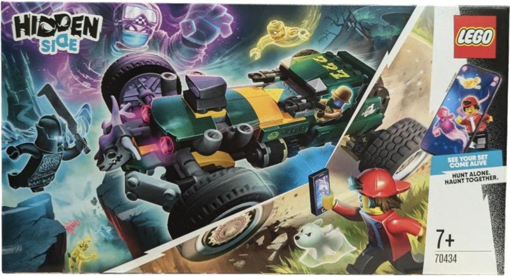 The image shows the LEGO Hidden Side Übernatürlicher Rennwagen toy box, featuring the toy car and characters in a ghostly setting.