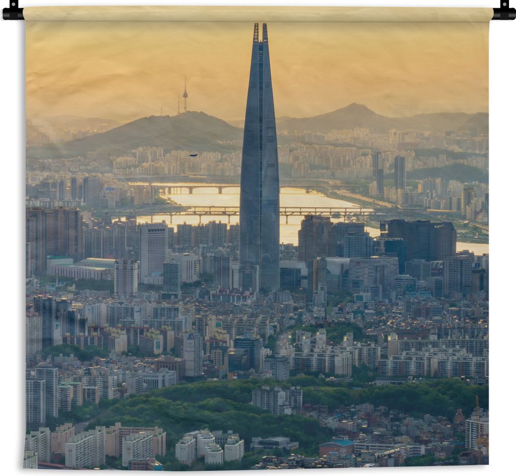 MuchoWow Wandteppich Wandbehang Skyline von Seoul in Südkorea mit einem orangefarbenen Himmel 120x120 cm Tapisserie Dekoration Wandtuch - Modern...