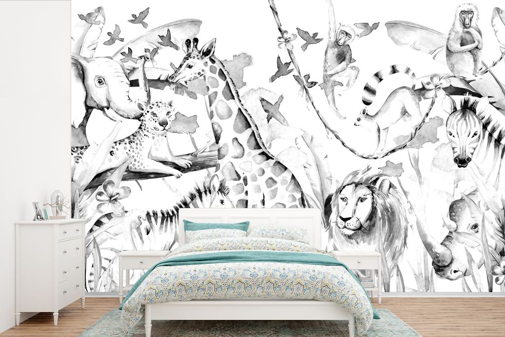 MuchoWow Fototapete für Wohnzimmer oder Schlafzimmer Wandtapete Vinyl Motivtapete Wasserfarben - Tiere - Dschungel - Rosa - Mädchen - Kinder - ...