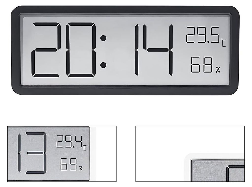 Moderne große Bildschirm-Uhr mit Temperatur- und Produktbild 