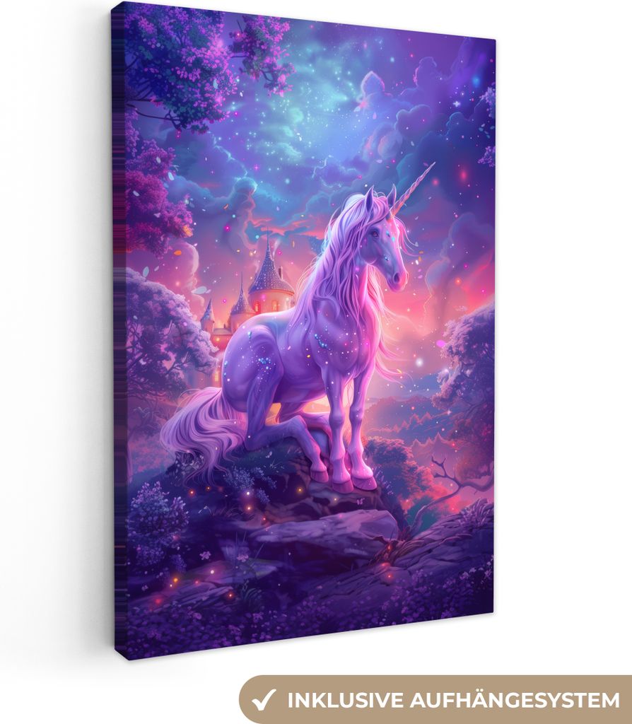 MuchoWow - Leinwandbilder - Einhorn - Fantasie - Schloss - Mädchen - Lila - Rosa, Wandbild, Wanddeko Bilder Wohnzimmer, 40x60 cm