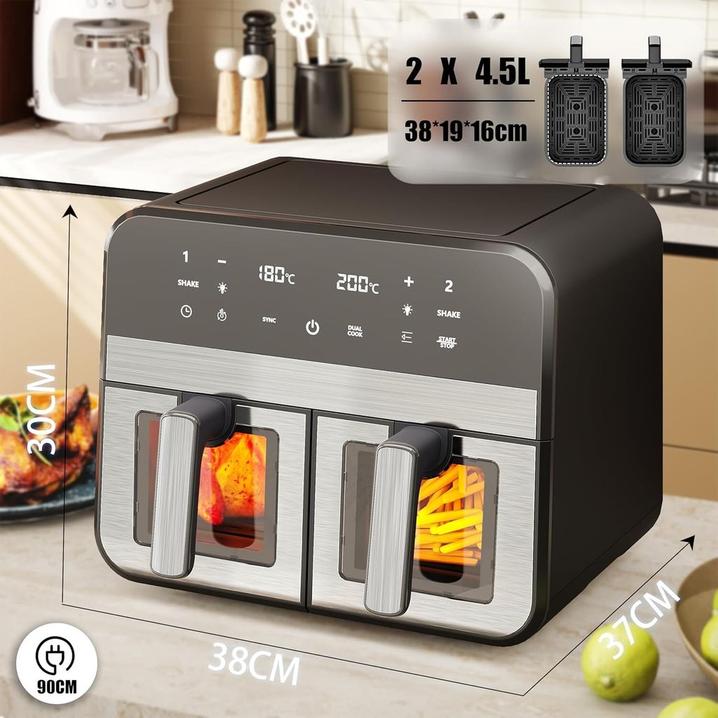 Zweizonen-Luftfritteuse mit Sichtfenster, ölfreie Fritteuse, 9 Liter, 8 Kochprogramme, Touchscreen, Zitterwarnung, schwarz