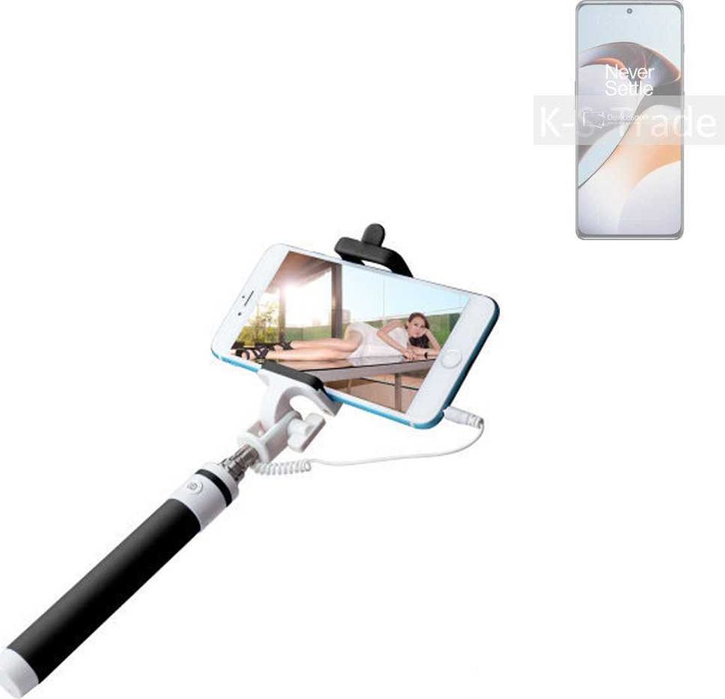 K-S-Trade Selfie Stick kompatibel mit OnePlus 11R 5G Selfiestick kabelgebunden Monopod mit Kabel Stab Stange Selfportrait Handheldstick schwarz 1x