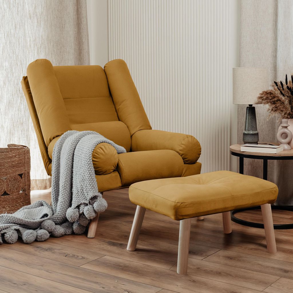 Ausklappbarer Sessel mit Fußhocker LILA gepolstert auf skandinavischen Beinen bequem Senf