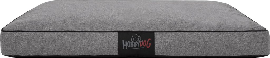 A gray dog bed is shown from the front.