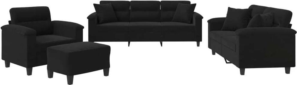 4-tlg. Sofagarnitur mit Kissen Schwarz Mikrofasergewebe