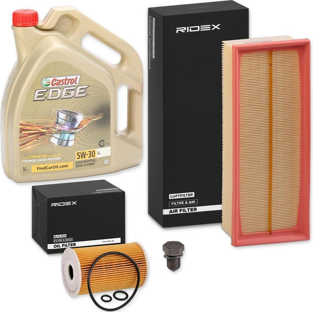 RIDEX Inspektionspaket Filter Set mit Öl 5W-30 5L für VW Golf V Schrägheck (1K1) GOLF VI (5K1) TOURAN (1T1, 1T2) Passat Variant (3C5) TIGUAN (5N)