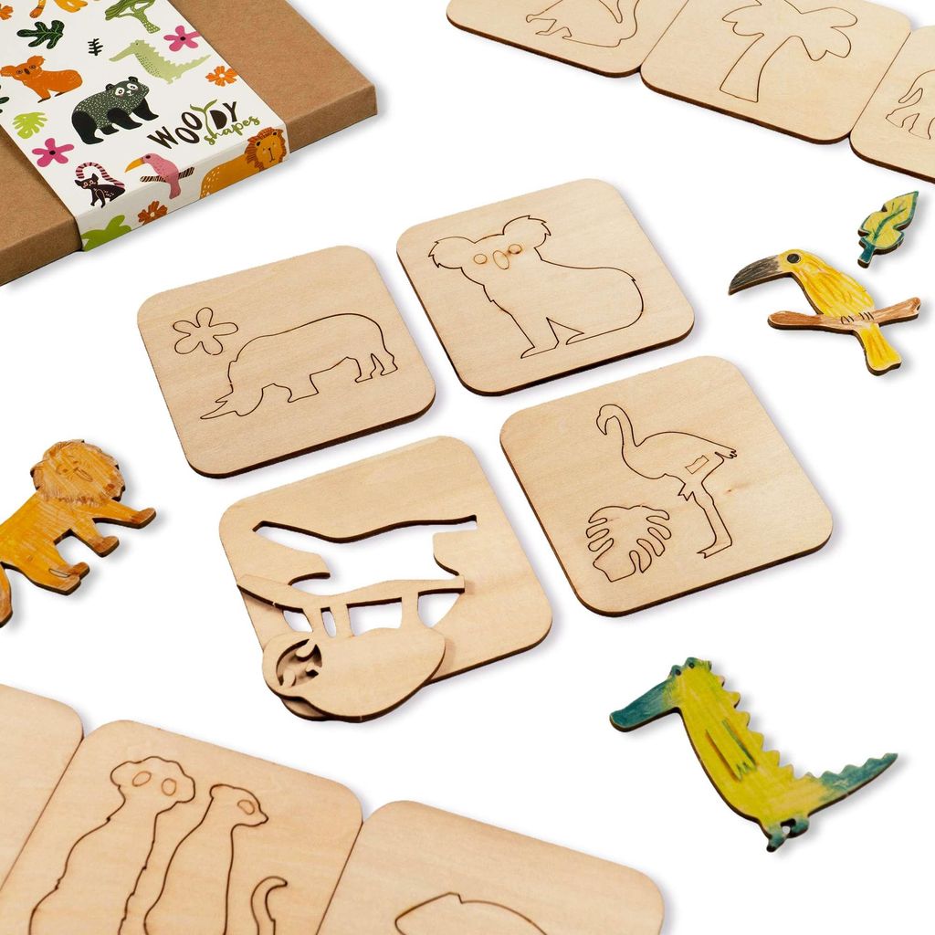 Holzschablonen zum Zeichnen für Kinder, Set mit 20 Stück 9,5x9,5cm Dschungel Savanne, Montessori Lernspielzeug Vorlagen Kreative