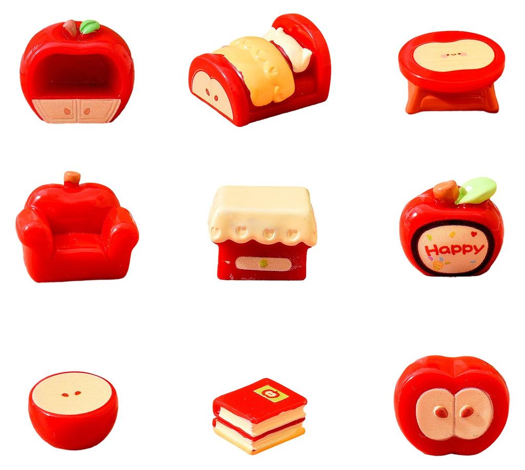 Miniatur-Puppenhausmöbel-Accessoires: Mini-Kunststoff-Sofa mit Obstmotiv, Bett, Tisch, Bücherregal, Statue für Feengärten, Mikrolandschaften, H...