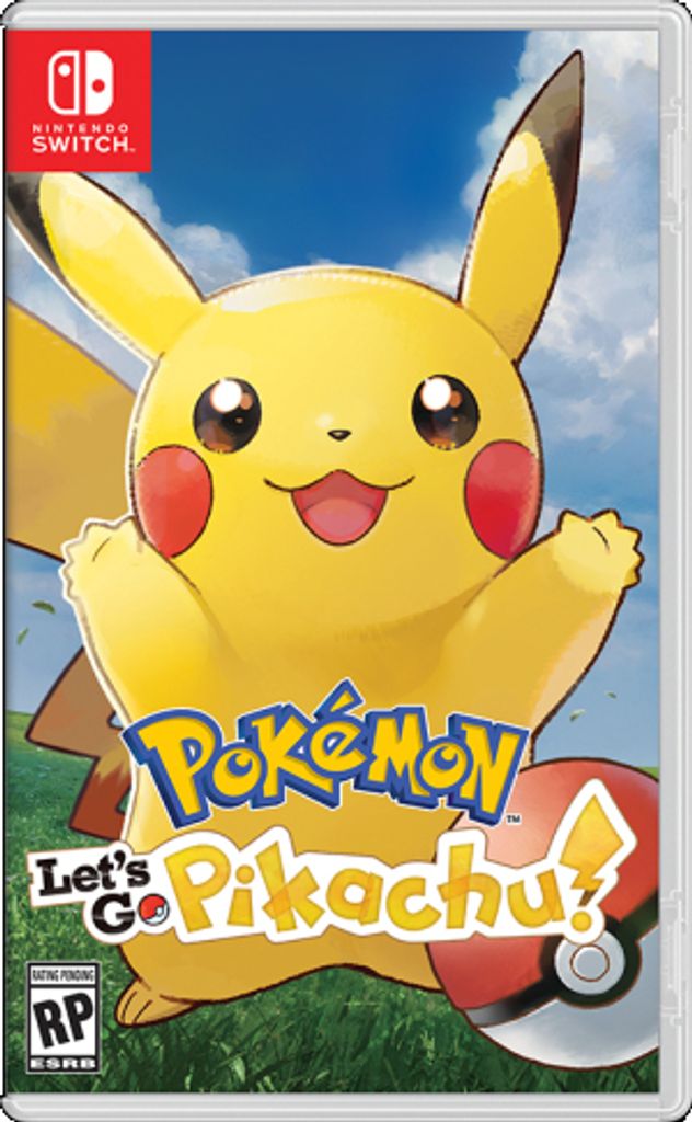 The cover art for the Nintendo Switch game 'Pokémon - Let's Go, Pikachu!' featuring Pikachu and a Poké Ball against a sky and grassy background.