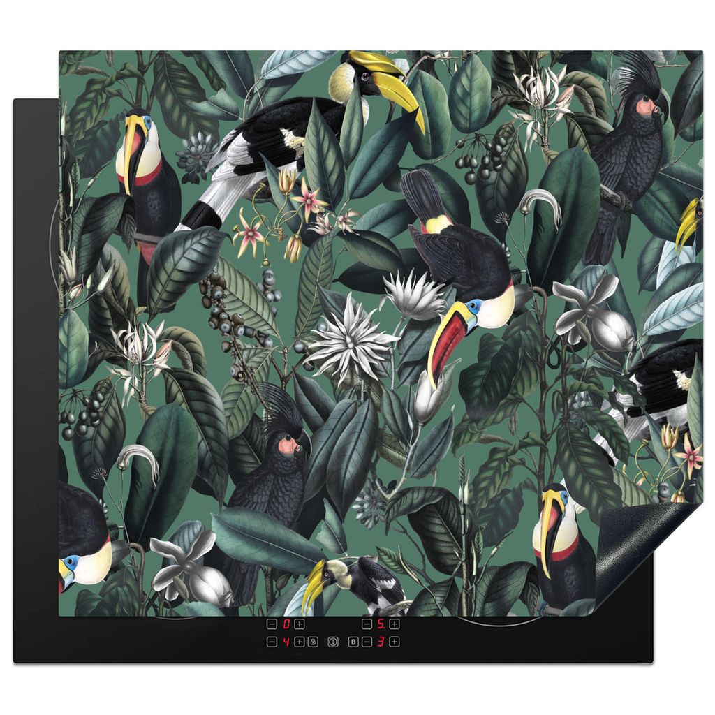 KitchenYeah Herdabdeckplatte Blumen - Vogel - Collage , 57x51cm, Küche Deko, Glaskeramikkochfeld Herdabdeckung, Abdeckplatte fùr Kochfeld