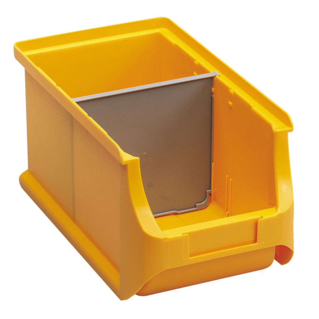 A yellow storage bin with a gray divider.