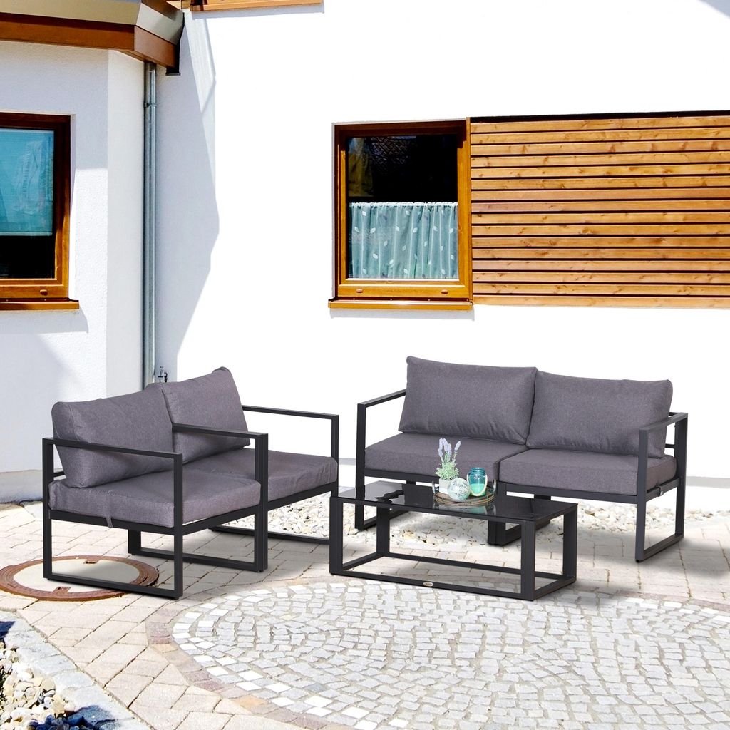 Outsunny 4-teiliges Gartenmöbel Set – kombinierbar, hohe Belastbarkeit, Sitzkissen & Tisch mit Stauraum, für Terrasse & Garten, Grau