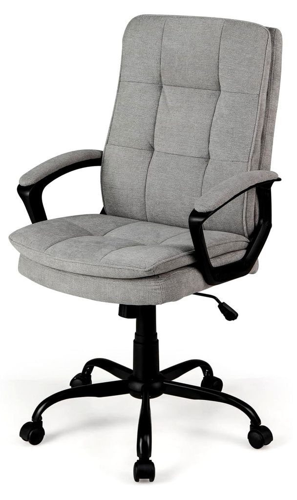 Drehbarer Bürostuhl, höhenverstellbar mit Armlehnen, hohe Rückenlehne, Arbeitsstuhl mit Samtbezug, 5 glatten Rollen, für Studio und Büro, Grau