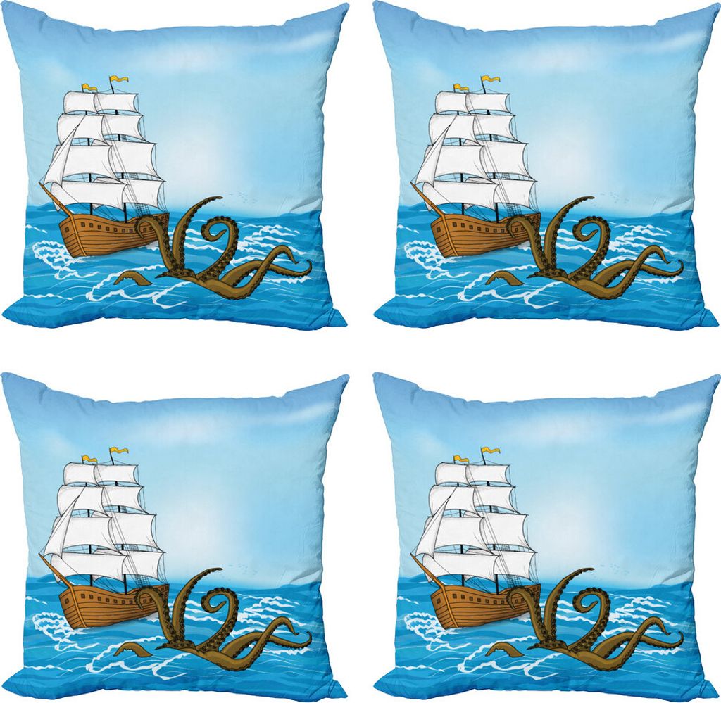 ABAKUHAUS Krake Kissenbezug Set (4 Stück), Schiff in den Wellen und Kraken, Moderner Doppelseitiger Digitaldruck, 60 cm x 60 cm, blau, Braun,