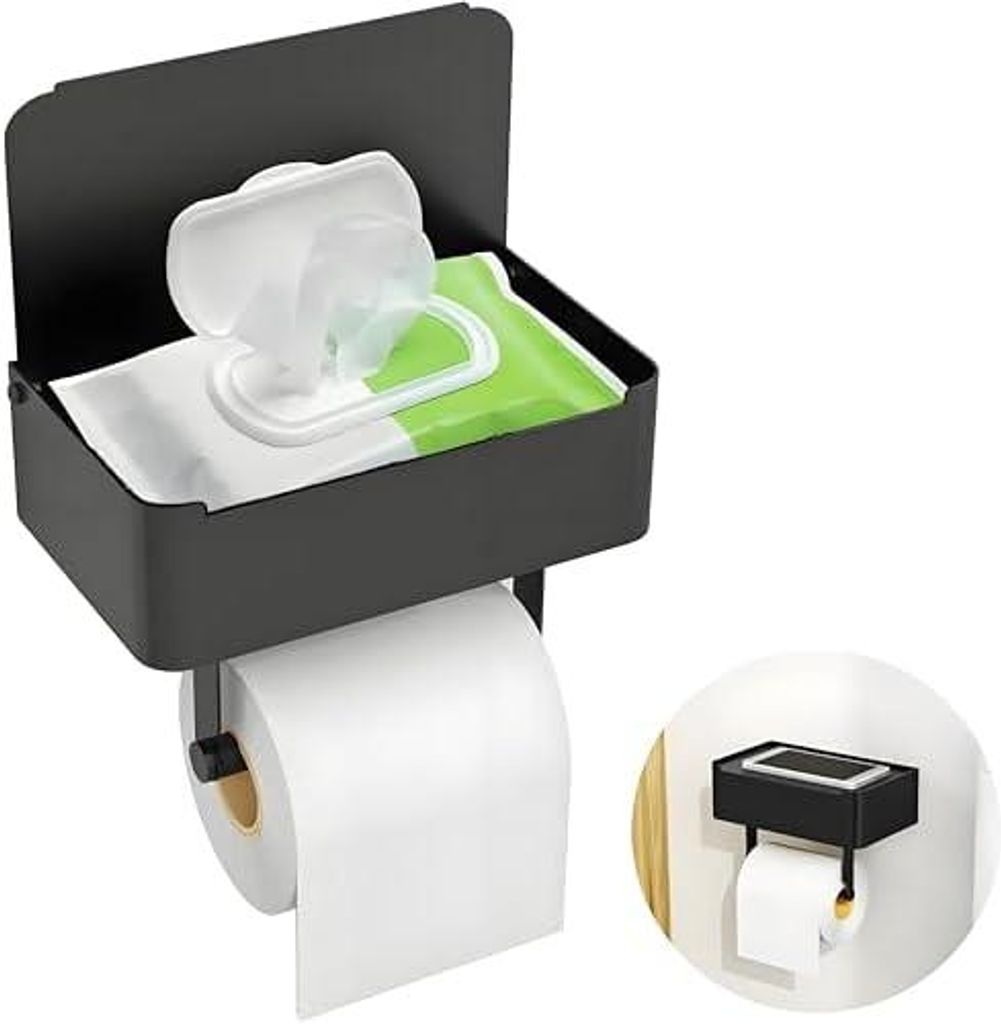 Toilettenpapierhalter mit Feuchttš¹cherbox, Gypie Toilettenpapierhalter Ohne Bohren, Klopapierhalter Schwarz, 304 Edelstahl Klorollenhalter, Wc P...