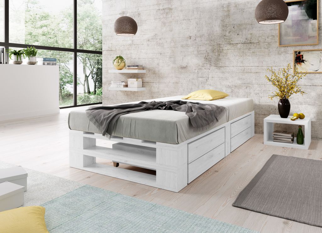Lermowood Palettenbett M2 90 x 200 cm mit Lattenrost und 2 BettkästenWeiß Holzbett Massivholzbett Bett aus Paletten Seniorenbett Kinderbett Jugen...