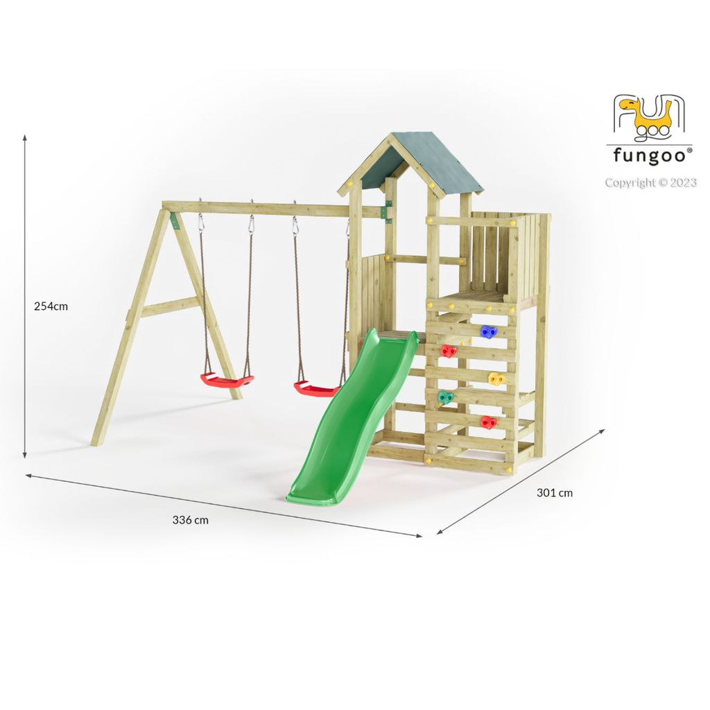 Fungoo Spielturm "Chester" natur mit Doppelschaukel, Rutsche, Holzdach und Kletterwand