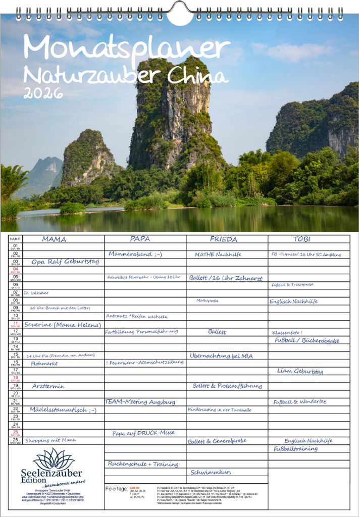 Naturzauber China Planer Familienplaner 4 Spaltenplaner DIN A3 Kalender für 2026 Landschaft Natur Reise Land Urlaub - Seelenzauber