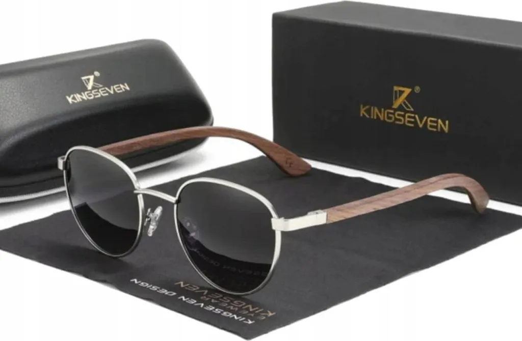 Kingseven - Occhiali da sole - per uomo - Uv400 - Sportivi - Lenti nere - Montatura in legno con elementi in argento