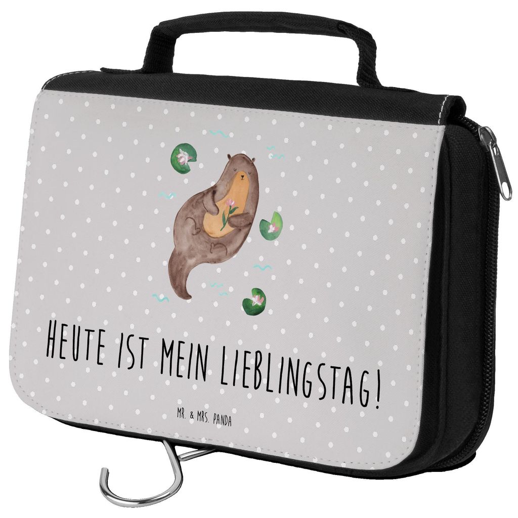 Mr. & Mrs. Panda Kulturtasche Otter Seerose - Grau Pastell - Geschenk, duschbeutel, Kulturbeutel, badtasche, Lieblingstag, Wasser, Fluss, Seeotter,...