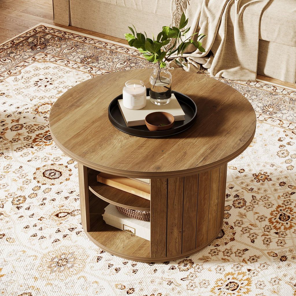 Tribesigns Tavolino Rotondo 80 Cm Con Piano A 2 Livelli – Struttura In Metallo Nero E Piano In Legno Rustico Per Soggiorno E Ufficio