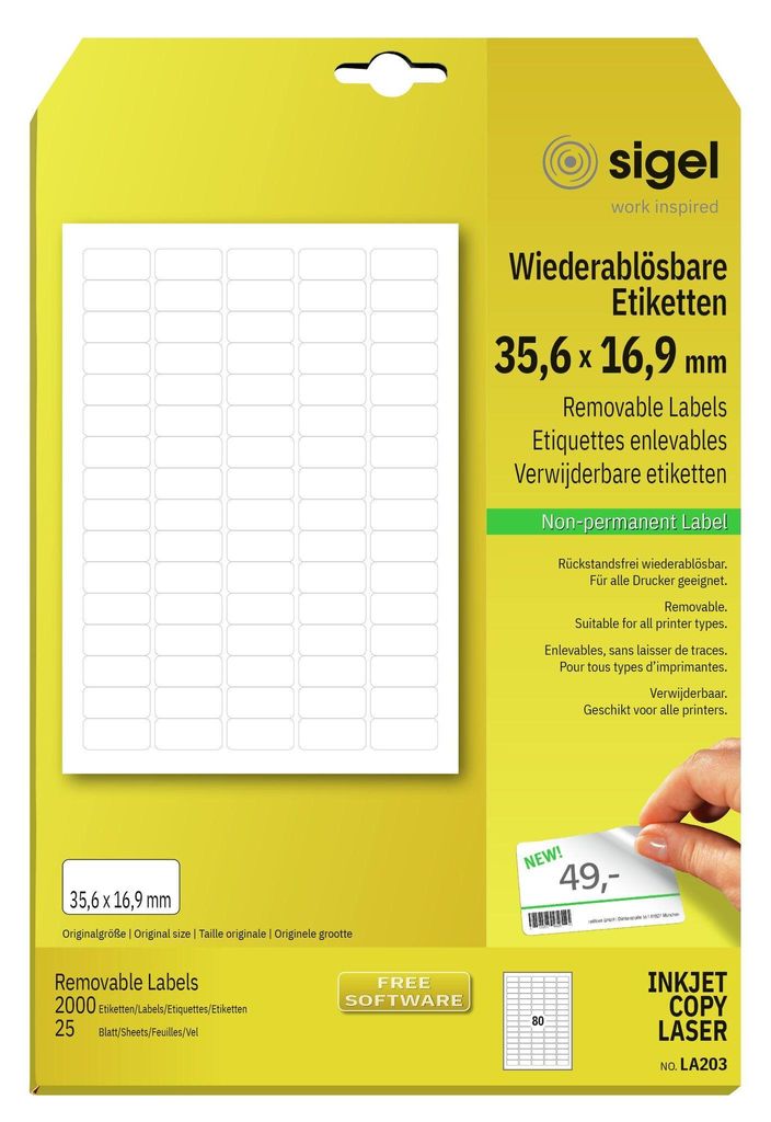 SIGEL LA203 Wiederablösbare Etiketten, 35,6 x 16,9 mm, weiß, 2000 Etiketten