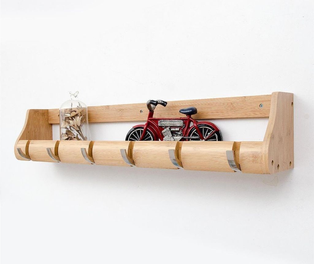 Garderobenleiste 73cm Massiv Bambus Natur -Zertifikat - 6 Metall Kipphaken