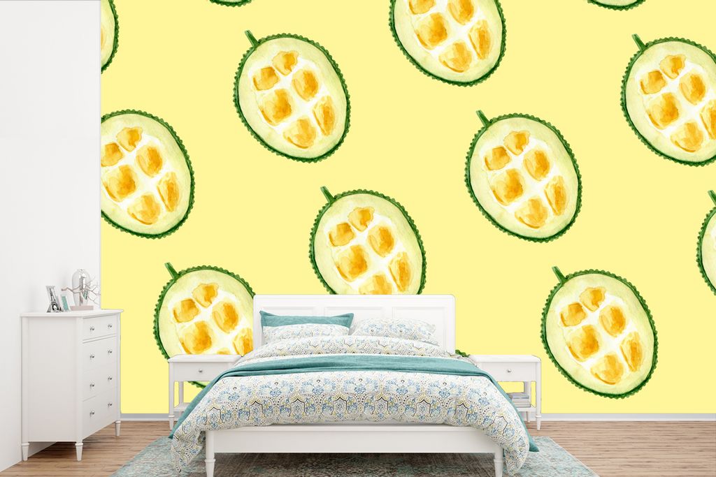 MuchoWow Fototapete für Wohnzimmer oder Schlafzimmer Wandtapete Vinyl Motivtapete Zitrusfrüchte - Obst - Schablonen - 525x350 cm - Das Hintergr...