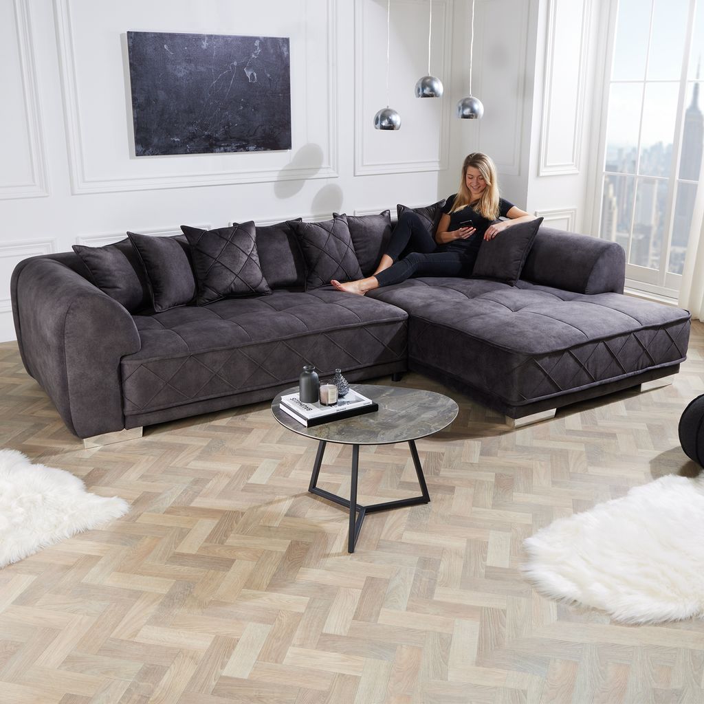 riess-ambiente Modernes XXL Ecksofa DECADENCIA 320cm dunkelgrau Samt Bigsofa inkl. Kissen Eckcouch Couch Sofa