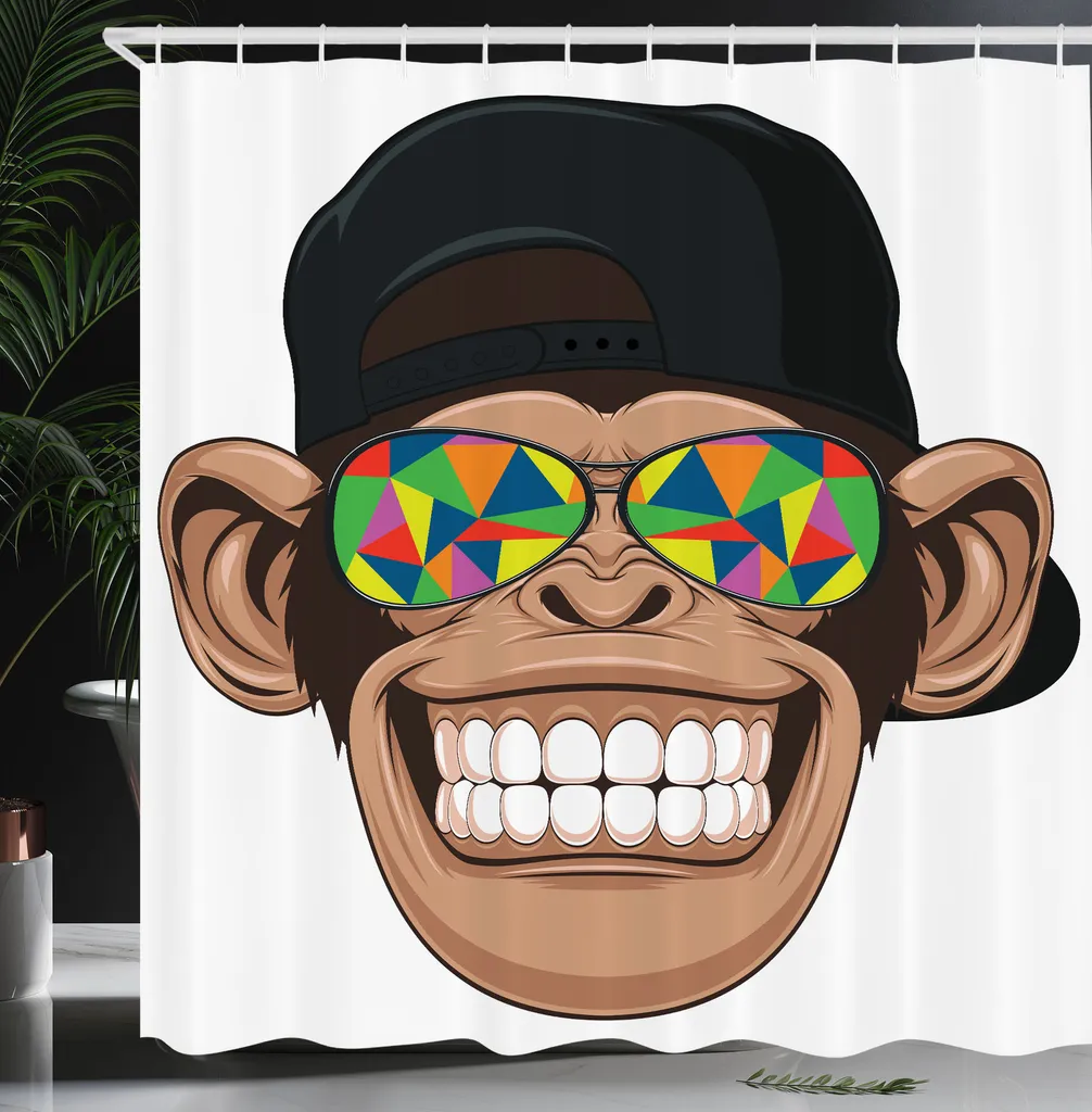ABAKUHAUS Tenda da doccia con caricatura, divertente scimmia hipster con occhiali da sole colorati e cappello, scimmia hippie rapper, set decorativo per bagno in tessuto con ganci, 175x220 cm, marrone, nero e bianco - 4