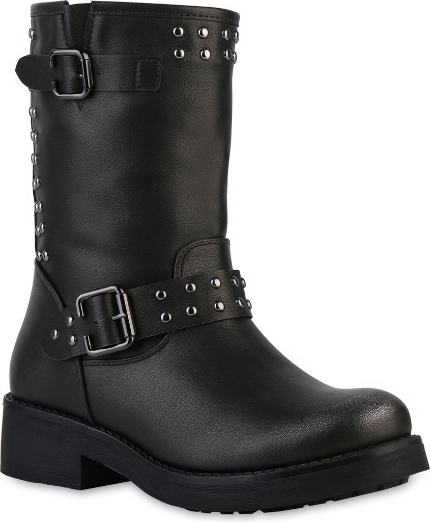 VAN HILL Damen Leicht Gefüttert Bikerstiefel Stiefel Nieten Schnalle Schuhe 841447, Farbe: Grau Metallic, Größe: 37
