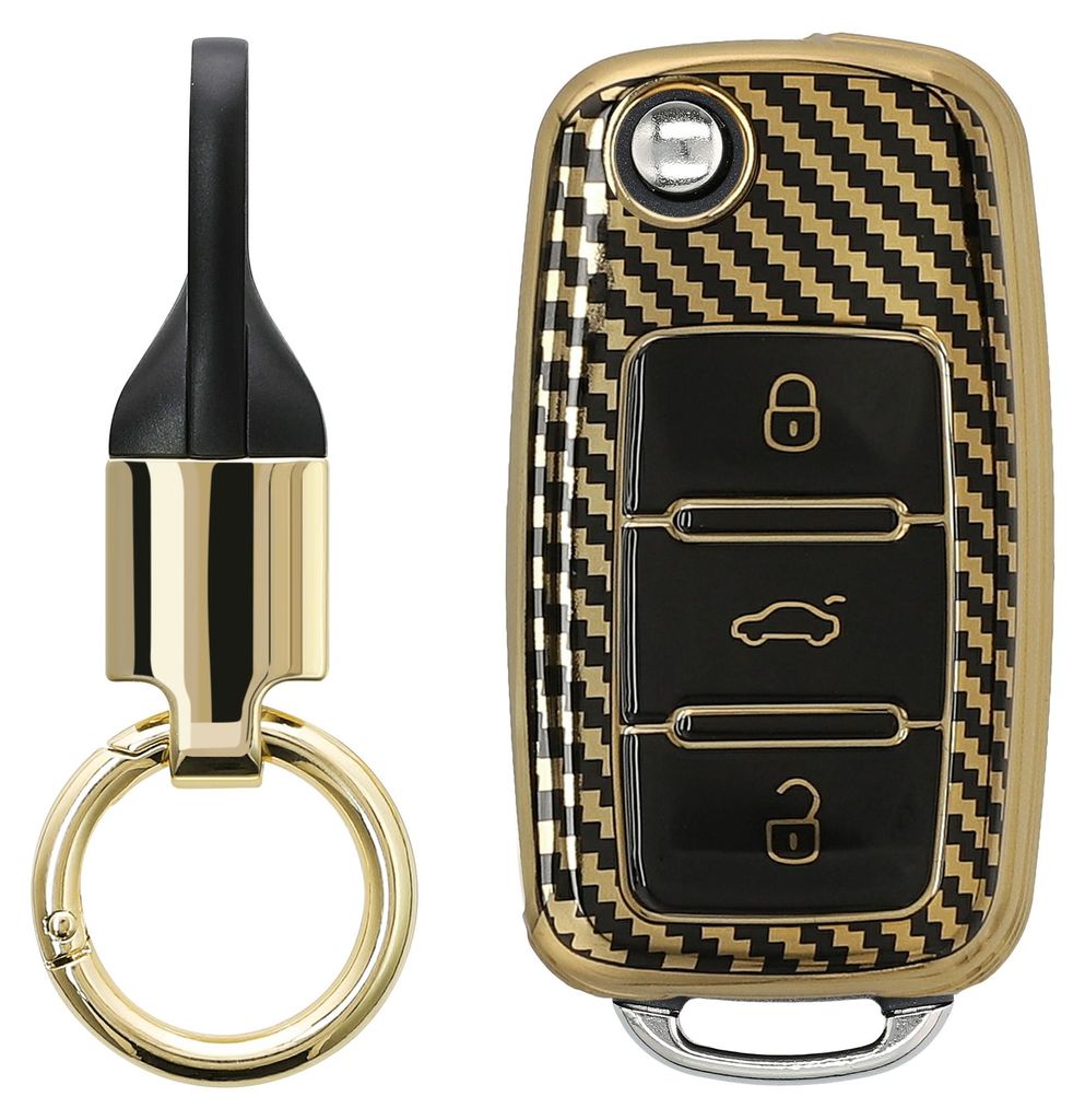 kwmobile Autoschlüssel Hülle kompatibel mit VW Skoda Seat 3-Tasten Autoschlüssel Hülle - Schlüsselhülle mit Key Ring Anhänger - Cover Gold S...