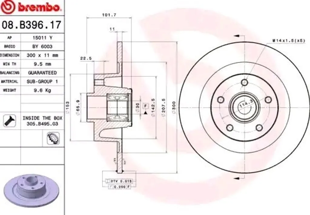 Disque de frein haute teneur en carbone Brembo 08.B396.17 Laguna III 1.5