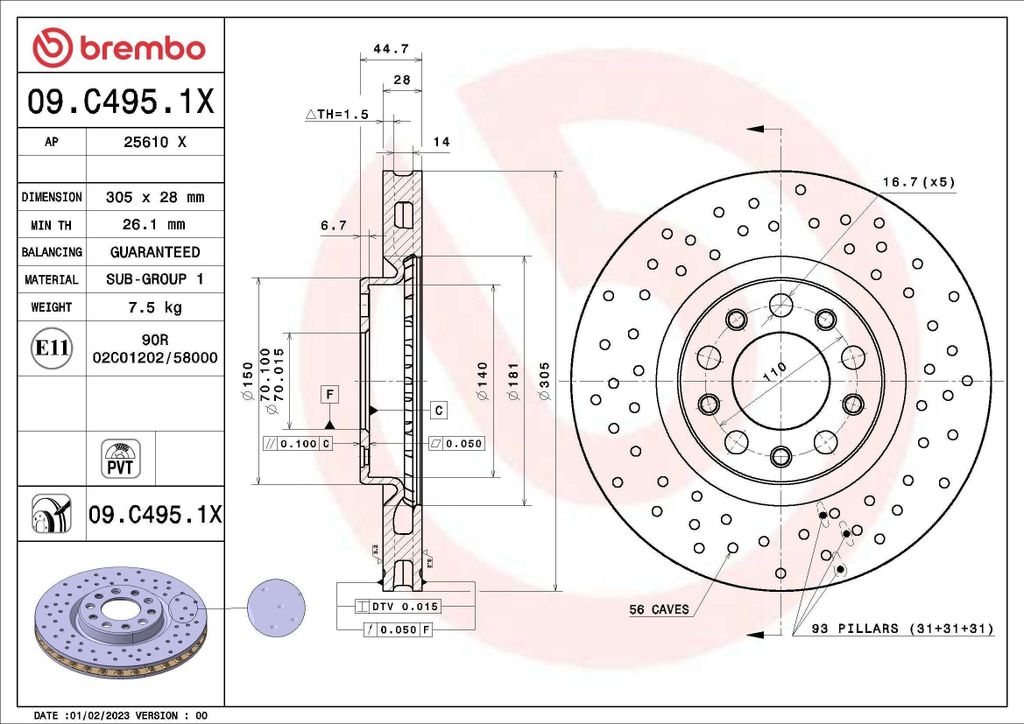 2x Disco freno BREMBO 09.C495.1X per ALFA ROMEO GIULIA Immagine del prodotto 