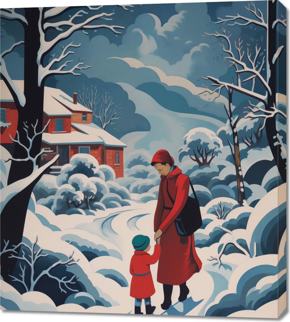 Bild 90x100cm Mutter und Kind im Schneeland