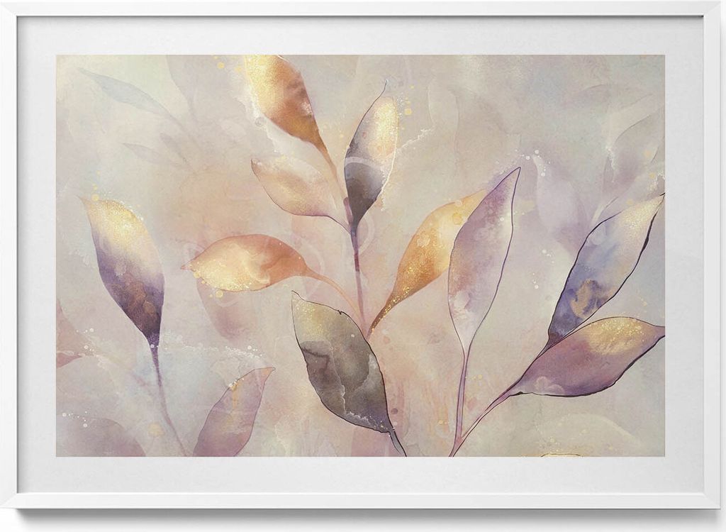 Gemalte Blätter im Boho-Stil– Wandbild mit Rahmen – Gerahmtes Bild – Wanddekoration – 100x70 cm – Weiß Rahmen
