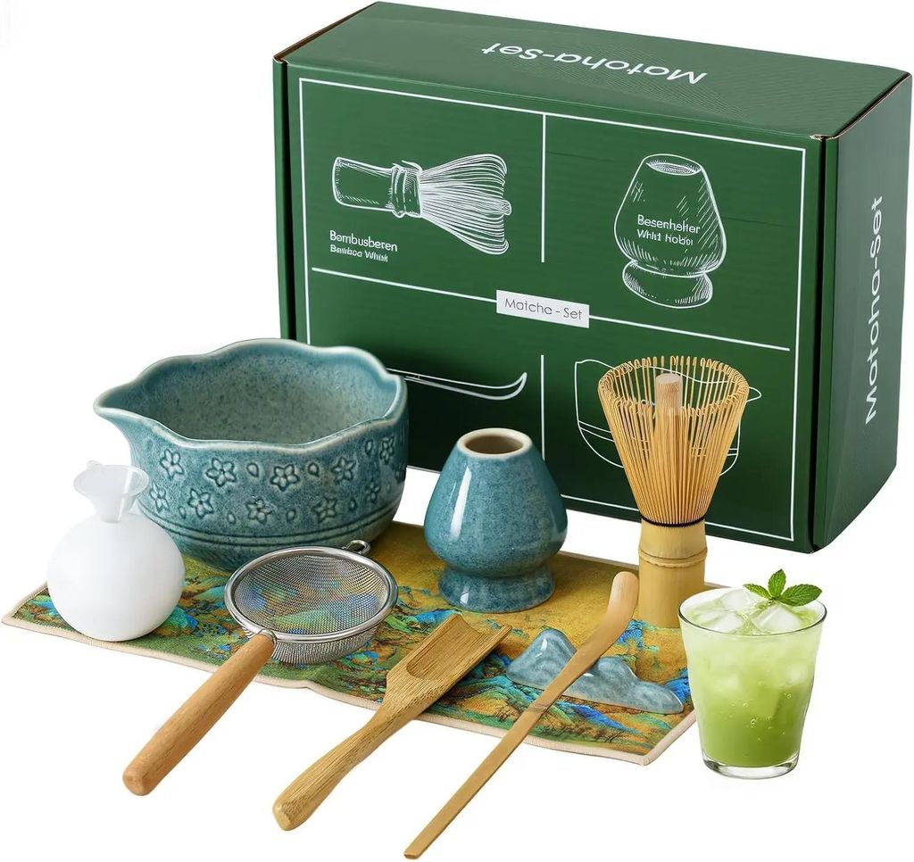 Matcha Tee 9-teiliges Set - Matcha Schale mit Kirschblüten - Bambusbesen Chasen & Löffel Chashaku - Sieb & Tuch - Keramik - Blau