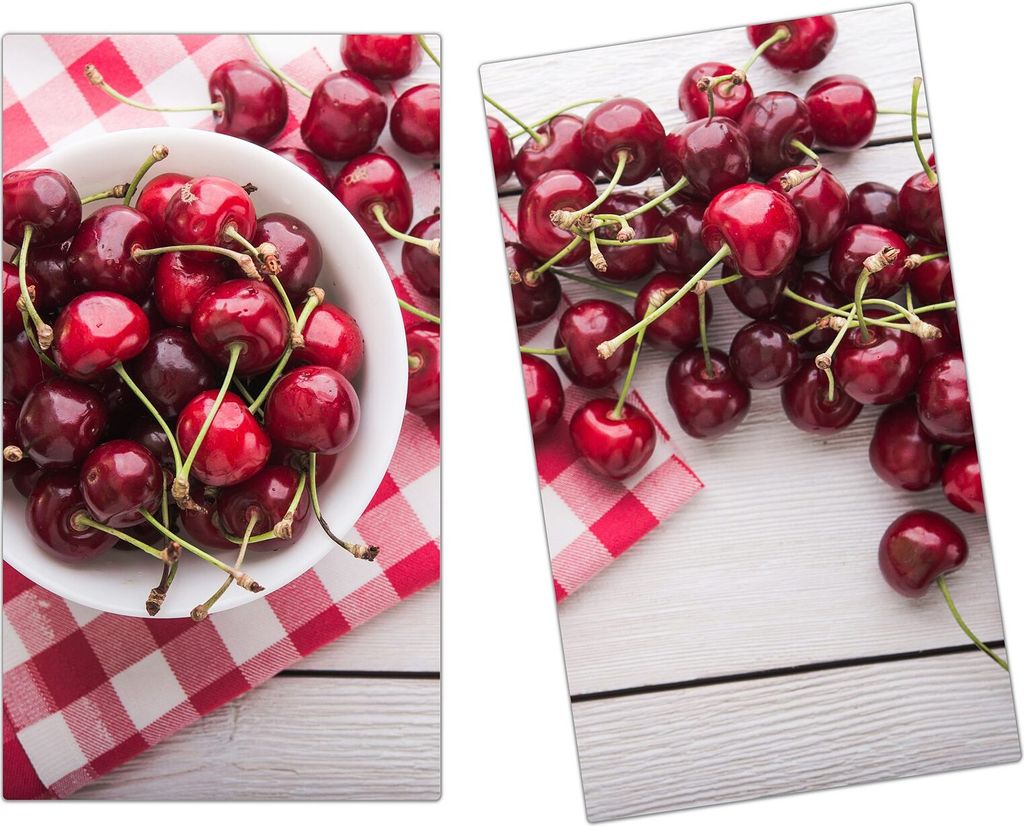 Spritzschutz Herdabdeckplatte Schneidebrett aus Glas Kirschen auf Teller 2-Teilig (60x52cm)