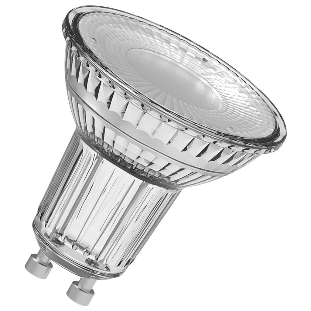A clear, studio shot of an LED light bulb with a GU10 base.