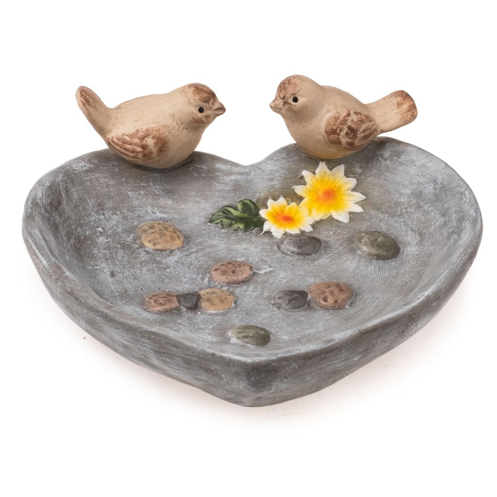 Vogeltränke Porzellan in Herzform mit 2 Vögeln Steindekor Gartendeko Vogelbad Balkon Terrasse Garten Deko (15 x 15 x 6 cm