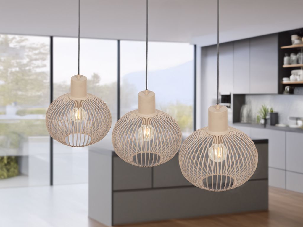 LED Pendelleuchte 3-flammig mit Gitterschirmen Beige über Esstisch & Kochinsel