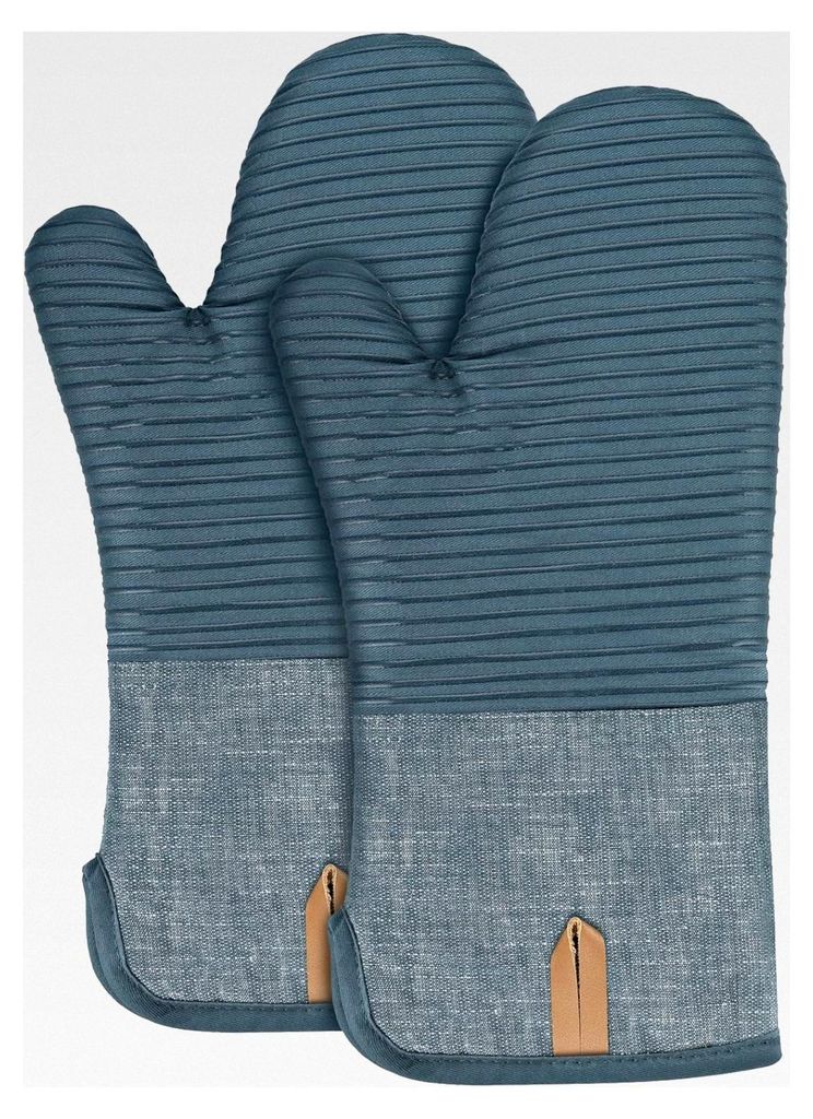 Ofenhandschuhe Extra Lang aus Baumwolle mit Anti-Rutsch Silikon gestreift - 2er Set - Blau